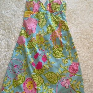 Halter dress with a bright animal print.